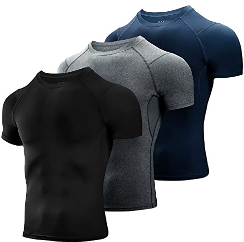 Niksa 3 Piezas Camiseta Compresión Hombre, Manga Corta, Entrenamiento Hombre, Diseño de Malla Transpirable, Secado Rápido, Gym, Negro+Gris+Azul Marino, Talla S