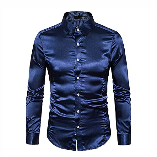 Chemise Homme Satin Lisse De Smoking De Couleur Pure à Manches Longues à Col Boutonné - Tenue De Soirée et D'affaires Décontractée