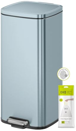 EKO Stella Pedal Bin 30 Litres, Stainless Steel Step Bin with Soft Close Lid, Removable Inner Bucket, Perfect for Kitchen, Home, Office, Titanium Blue