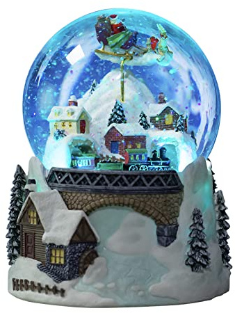 Flying Santa On The Sleigh Snow Globe with Revolving Train Crossing A Tunnel on Dimensional Winter Scene Base with LED Lighting Effects Plays Music Jingle Bells