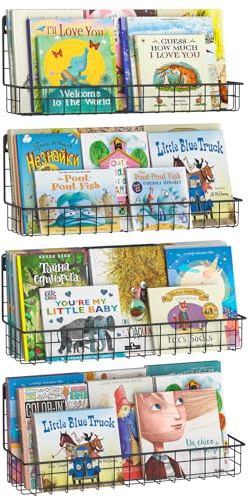 X-cosrack 4-Pack Wall Mounted Metal Kids Bookshelf, Floating Book Shelves for Kids Nursery Toddler Classroom, Hanging Book Shelf Organizer for Room Decor, Black
