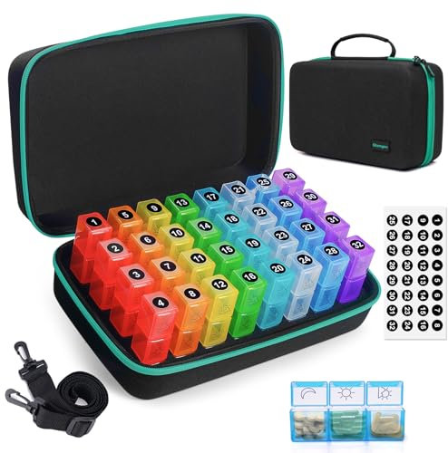 Monatliche Pillenbox Organizer 3 mal am Tag, Pillenbox mit Hartschalenkoffer, Tägliche Pillenbox Organizer 30 Tage, Reisepillenbox mit 32 täglichen Fächern, Medizin Aufbewahrungsbox hält Vita