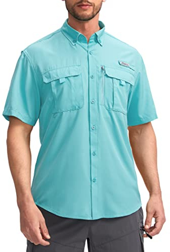 Pudolla Men's Fishing Shirts Short Sleeve Travel Work Shirts Summer Button Down Shirts for Men UPF50+ with Zipper Pockets(Waterfall, 3X-Large)