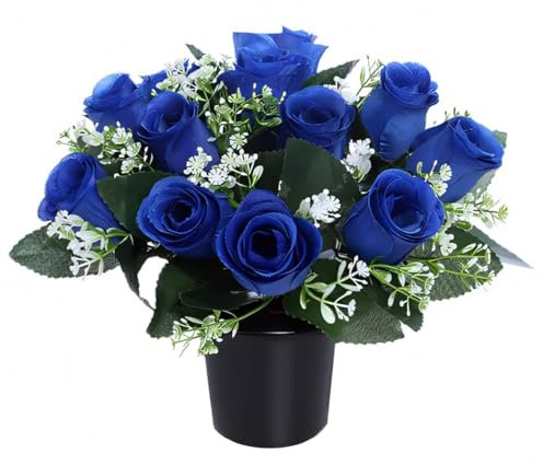 Caliko Artificial Flowers for Graves 12 Head Grave Flower Pots in Blue Color Perfect for Memorial & Cemetery Decorations Rose Buds Funeral Flowers/Cemetery Flowers in Improved Version, Standard