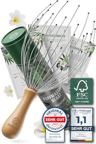 HELDSON® Kopfmassage Spinne 32 Finger - FSC®100% - Wichtelgeschenk -Kopfmassagegerät - Kopfkrauler Kopf Massage & Haarmassage - Kopfhaut Massagegerät - Head Massager - Kopfkratzer - Geschenk