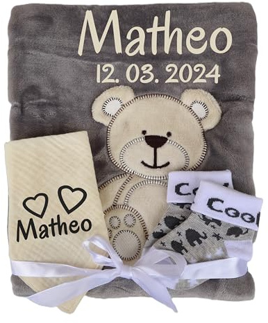Wuff-Dogsworld Babydecke mit Namen Bestickt + Zugabe, Kuscheldecke personalisiert als Geschenk fürs Baby, zur Taufe & Geburt für Neugeborene Junge und Mädchen