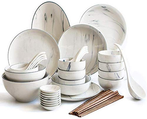 Juego de platos y tazones Juego de cena resistente, Juego de vajilla de mármol de 41 piezas Juego de combinación de cena de porcelana Servicio para 8 personas