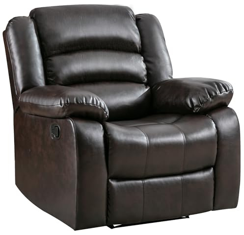 ANJ Manual Recliner Chair, Breathable Faux Leather Reclining Chairs with Overstuffed Arm and Back, Living Room Single Sofa Recliners (Dark Brown)
