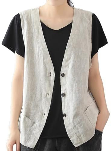 IDEALSANXUN Damen-Weste, Baumwolle, Leinen, lässig, ärmellos, Blazer, Cardigan, leichte Jacke, Beige, XX-Large