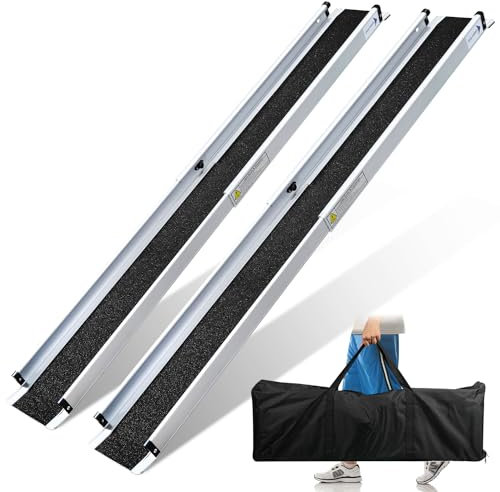 Ansobea Rampa per sedia a rotelle, 2 x 105-183 cm, in alluminio, per sedia a rotelle, fino a 300 kg, con borsa in tessuto, rampa per sedia a rotelle, rampa per scale per sedia a rotelle