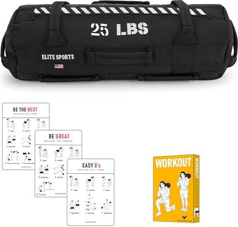 Elite Sports Workout Sandsack für vielseitige, Intensive Rumpfmuskulatur, Fitness, Krafttraining mit strategischer Griffplatzierung (unbefüllt), Schwarz, 5 to 25 LBS, Trainingssandtasche