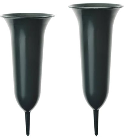 matches21 Zwei wetterfeste Grabvasen mit Erdspieß als Grabschmuck - Grüne Friedhofsvasen Set zum Stecken aus Kunststoff - Friedhof Steckvasen in 12 cm & 13 cm für Blumen Blumensträuße