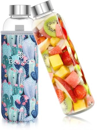BELICOO Borraccia in vetro borosilicato senza BPA, 550 ml, a prova di perdite, portatile, per scuola, ufficio, casa, viaggi, sport, con custodia per il trasporto in neoprene e spazzola in nylon