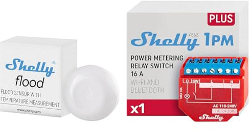 Shelly Flood | Kabelloser Flutsensor mit Temperaturmessung | Hausautomation & Plus 1PM | WLAN & Bluetooth Relais Schalter mit Strommessung