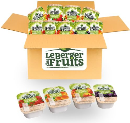 LE BERGER DES FRUITS - 60 Préparations de Fruits individuelles - 20 g | Assortiment prune, pêche, abricot et fraise - Idéal petit déjeuner, brunch, goûter - Hôtel, gîte, chambre d'hôtes, Airbnb