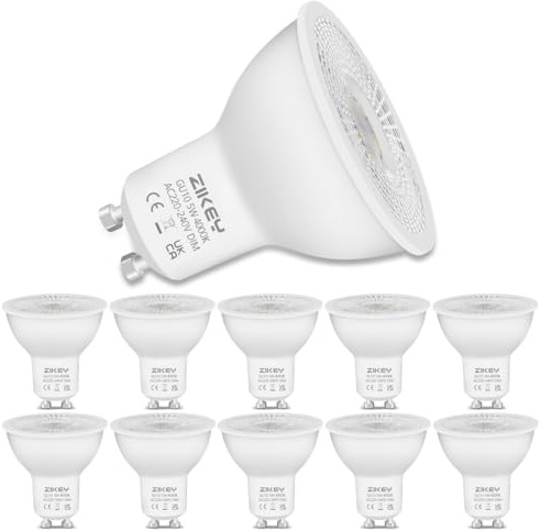 ZIKEY Lampadine GU10 Dimmerabili, 5W LED Lampadina, Bianco Neutro 4000K, 450LM, 50W Equivalente, 38° Angolo del Fascio, Risparmio Energetico LED GU10, Confezione da 10