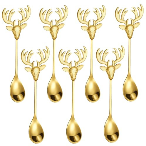 Pleafind Deer Head Shape Coffee Teaspoons, 7pcs Stainless Steel Coffee Gifts for Men, Cute Tea Spoons Set Ice Cream/Dessert/Stirring/Sugar Spoon, Christmas Birthday Men Gifts, Dishwasher Safe (Gold)