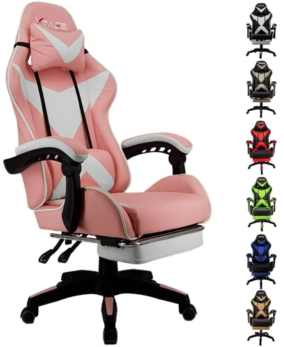 xRace Gaming Stuhl, Bürostuhl, Ergonomischer Pc Stuhl, Gaming Sessel aus Leder mit Lendenwirbelstütze, Verstellbarer Drehbarer, Task Stühle mit Fußstütze und Kopfstütze, Rosa