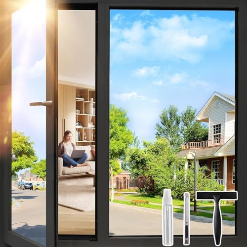 Windimiley Fensterfolie Sonnenschutz Hitzeschutz,Spiegelfolie Fenster Sichtschutz Selbstklebend,UV Schutzfolie Einseitig Blickdicht Wärmeschutzfolie für Sommer Schwarz-Silber 75x200cm