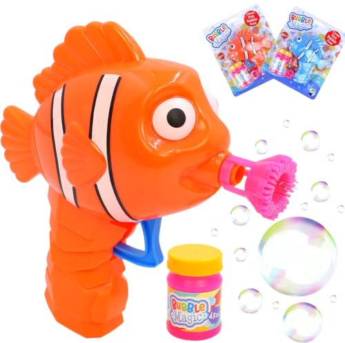 Clown Fish Bubble Gun Toy – Easy to Use | Fun Nemo Fish Design | Indoor/Outdoor Fun | Boys and Girls Party Bag Fillers | For Kids Garden, Beach, Pool and Bath Games 3+