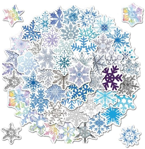 50St Schneeflocken Aufkleber Weihnachten, Wasserfeste Vinyl Sticker Weihnachten Basteln Frozen Schneeflocken Aufkleber für Geschenk Fenster Gitarren Skateboard Fahrrad Deko