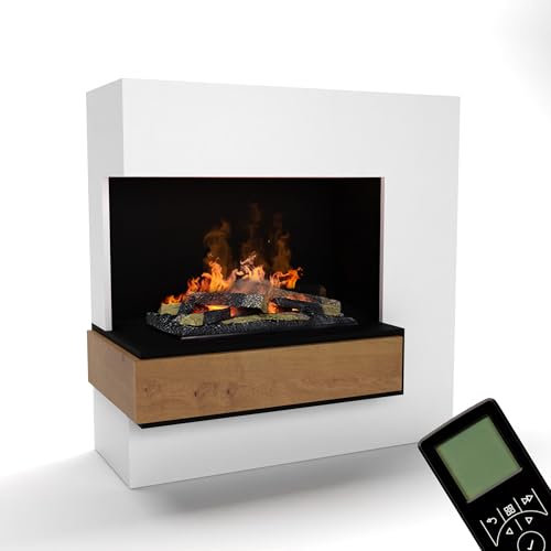 GLOW FIRE Wasserdampf Kamin PLANCK hoch Links (Standkamin) - Elektrokamin mit realistischen LED 3D-Flammen, Knistereffekt & Fernbedienung, 111x110 cm - Opti-Myst 600 Elektro Kamin mit Holz-Deko, Weiß
