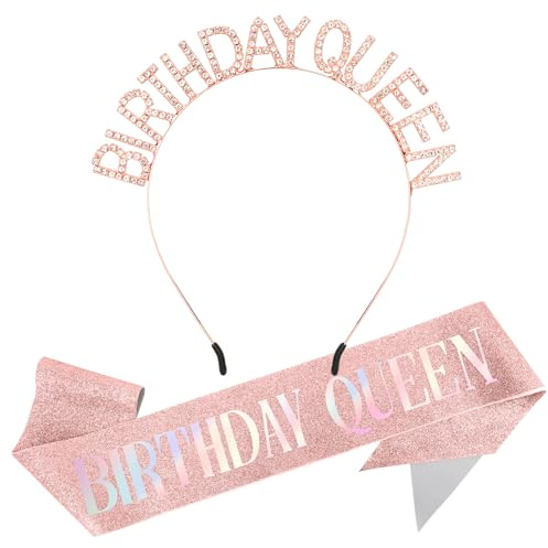 Hebterrka 2 Stück Geburtstagsschärpe für Frauen, Geburtstagskrone für Erwachsene, Glitter Roségold Geburtstagsschärpe und Krone, Happy Birthday Stirnband Dekorationszubehör