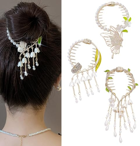 KASESSS 3 Piezas Pinzas Pelo Mujer Lirio de Los Valles, Pinzas Pelo, Pinza Flor, Piedras de Mariposa Pinza Flor Pelo, Accesorios Pelo Mujer, Perlas Pinzas Pelo Niña Artefacto de Pelo de Cabeza de Bola