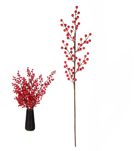 SMTCM Künstliche Beerenzweige Rot 74cm Beerenstiele Fake Holly Berry Stechpalmen Beeren Weihnachtsbeerenzweig Weihnachtsdeko Picks Zweige für Weihnachtsbaum DIY Blumensträuße Hochzeit Feiertage