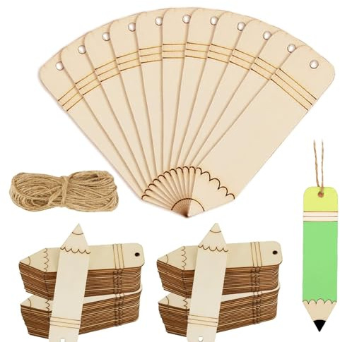 50 Stück Holz Blanko Lesezeichen mit 25 m Langem Seil,Lesezeichen Kinder Buntstiftform Holzscheiben für DIY Handwerk Geschenke Tag Party Handgefertigte Dekoration Personalisiert Bastelbedarf,12*3cm