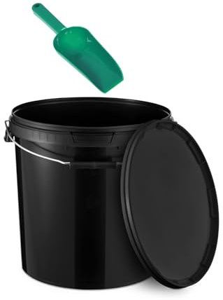 BenBow - Eimer mit Deckel Schwarz 4X 20 Liter + Schäufelchen - lebensmittelecht stabil luftdicht auslaufsicher - Vorratsbehälter für Aufbewahrung aus Kunststoff mit Metall-Henkel - leer - zur Hause