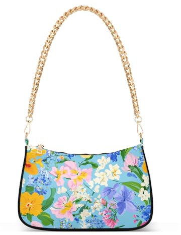 Kleine Schultertasche mit Frühlingsblumen, Orchidee, Stiefmütterchen, Hyazinthen, Blau, trendige Kette, kleine Schultertasche, Damen-Handtasche für den Herbst, Frühlingsblumen Orchidee Stiefmütterchen