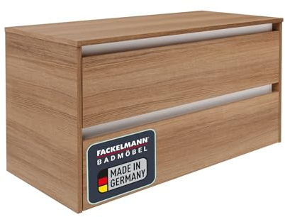 FACKELMANN Vita Waschbeckenunterschrank Summer Oak, 100cm, 2 Schubladen mit Soft-Close, Grifflos, Weiße Blenden, Ideal für Aufsatzwaschbecken, Made in Germany
