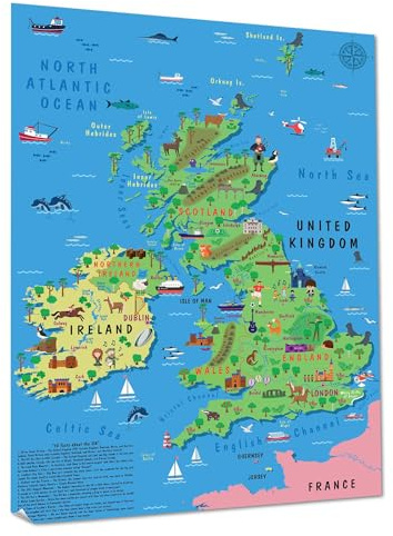 Kinder Wandkarte Vereinigtes Königreich & Irland Karte Poster - Bunt mit Tieren & Sehenswürdigkeiten, pädagogische Dekoration für Kinderzimmer