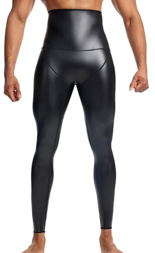 Ausing Läderleggings för män, smala kompressionsbyxor, sportbyxor, fitnesskläder leggings med hög midja för nattlåda, cosplay-kostym, svart, L