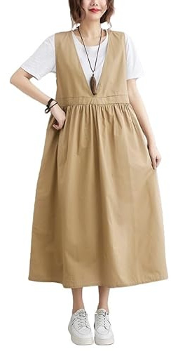 LIUYUYOUGO Vestito Donna Abiti Midi Scamiciati per Donna Cotone Scollo A V Senza Maniche Canotta alla Moda Vita Stretta A Trapezio Salopette Gonne Estate Casual Ampio Midi Abito con Tasca