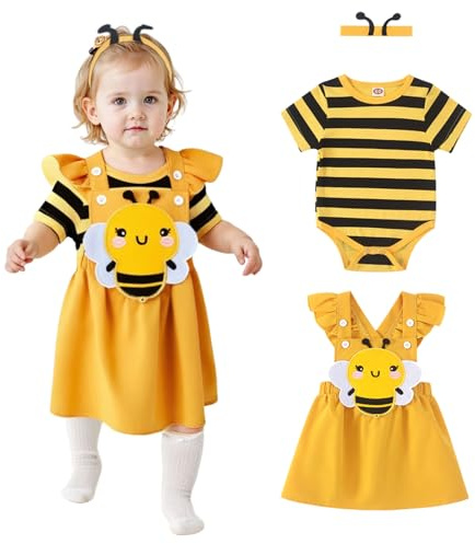Asmea Vestiti Neonato Femmina,Body Neonata Maniche Corte a Volant + Stampa di Api Bretella Gonna,Regalo Neonata Femmina Abbigliamento Bimba Completo Bambina Tutina Neonato 0-3 Mesi