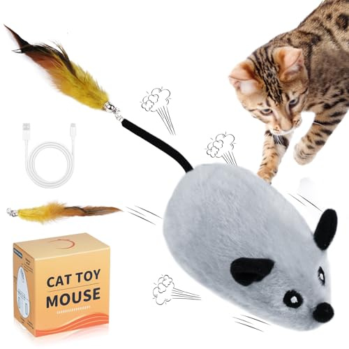 Adiwo Souris électronique interactive avec couinement automatique, LED rechargeable par USB avec 2 clochettes à queue en plume, jouets pour chat, pour l'exercice, lutte contre l'ennui