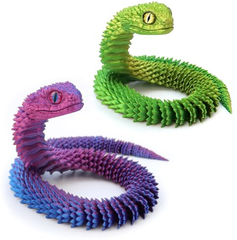 3D-Gedrucktes Schlangen-Spielzeug 2er Set (44cm) – Voll Bewegliche Gelenke: Osternschlange, Tolles Kindergeschenk & Zuhause/Schreibtisch-Dekoration (Lila+Gelbgrün) – Fidget Toy – Entspannungsspielzeug