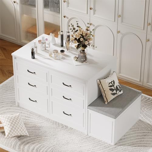TAMUNE Armoire Bedroom Wardrobe Closet Island with 12 Drawers & Flip Door, Walk in Closet Island with Storage Bench, Islands Dresser for Bedroom Cloakroom White (61.9”W x 27.6”D x 32.6”H)