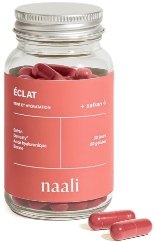 Naali Éclat – Acide Hyaluronique Safran – 60 Gélules - Complément Bien Etre Peau – Teint Harmonieux et Confort Cutané – Formule 2-en-1 avec Rose de Damas, Biotine – Soutien Femme, Homme