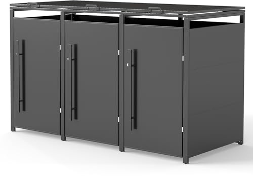 Youyijia Metallische Mülltonnenbox für 120-240 Liter, 196 x 80 x 116 cm, Mülltonnenlagerung für 3 Tonnen, Verzinktes Stahl-Müllschuppen, Außendeckel mit abschließbarer Tür für Garten und Hinterhof