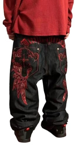 Pantaloni Uomo a Vita Alta con Stampa Graffiti Croce Ricamato Jeans Uomo Y2K Moda Stile Hip Hop Pantaloni Denim Gambe Larghe Casual Streetwear Boyfriend Moda, Nero , L