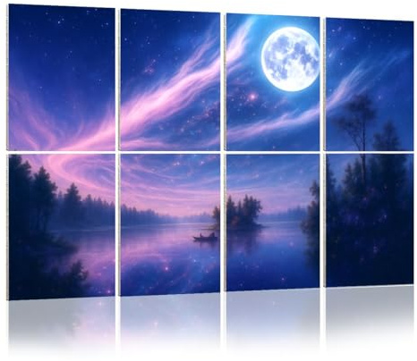 8 Pack Acoustic Foam Panels Sound Proofing Dreamy Night Sky Moon Floating Stars Tranquil Lake Acoustic Wall Panel Soundproofing for Livingroom Nursery Room 48x32 Home Decor