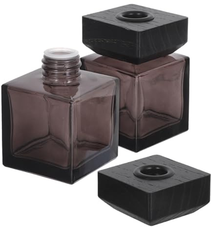 BAZEITFLOW 2 Piezas Botella Difusora Cuadrada de Vidrio con Tapa de Madera Frasco Recargable para Aceites Esenciales Aromaterapia para Dormitorio y Coche Almacenamiento para Fragancias DIY
