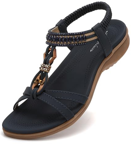 Littleplum Sandales Femme Mode Été Sandales Confortable Plates Strass Bout Ouvert Chaussures(bleu,40EU)
