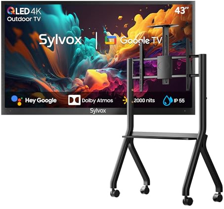 SYLVOX 43 TV Extérieur avec Housse & Support Téléviseur à roulettes - QLED 4K UHD 2000Nits, Smart Google Outdoor TV Étanche IP55, Google Assistant - pour Pool/Jardins/Terrasse (Pool Pro 2.0 QLED)