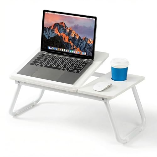 Mesa para Cama y Sofá - Plegable Bandeja para Cama con Tapa Ajustable y Portavasos, Mesa Cama Ordenador en Tablero MDF y Metal, 56x32x25 cm, Blanco