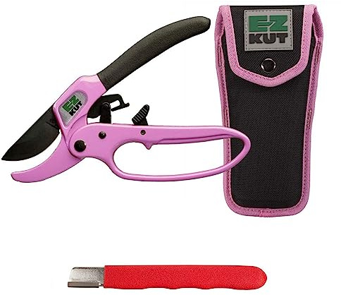 EZ Kut Original Ratcheting Pruner Kit with Molded Ballistic Nylon Sheath and Carbide Blade Tool, Pink and Black