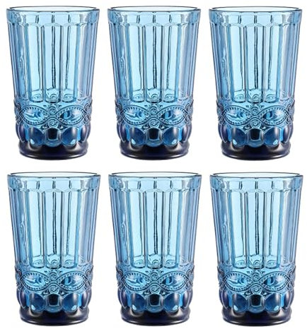 GMMH Lot de 6 verres à vin et verres à boire vintage colorés avec gaufrage en relief (nœud bleu, verre à boire) Verre à vin, calice, verre à eau, long drink, verre à cocktail, verre